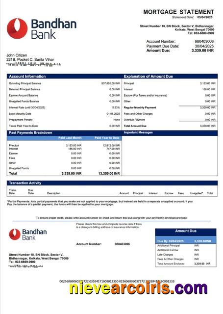 India Bandhan Bank mortgage statement Word and PDF template